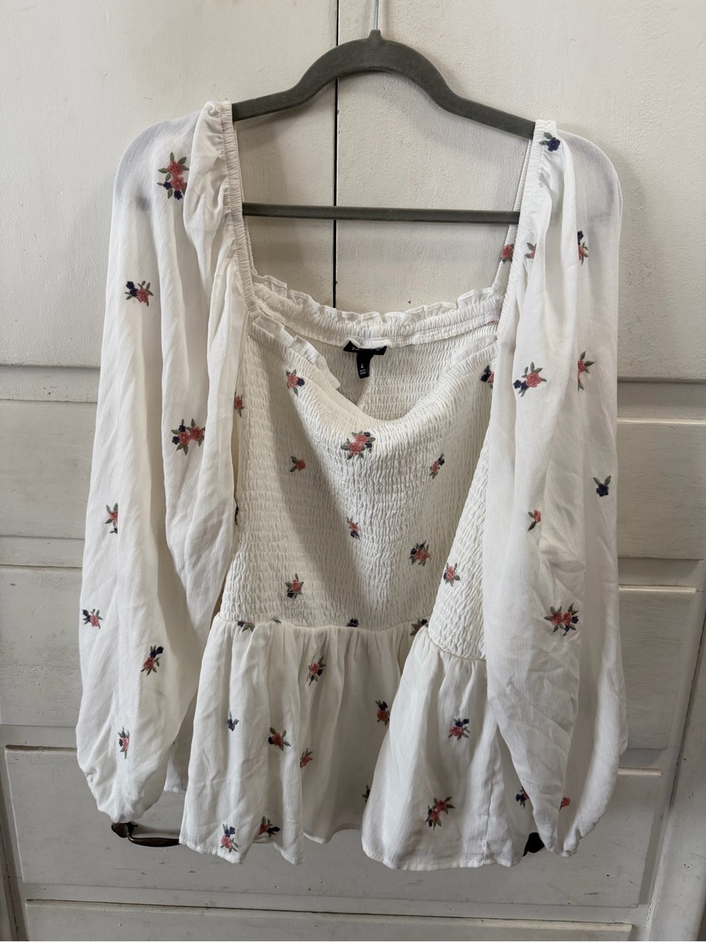 torrid White Floral Smocked Peplum Blouse with Puffed Sleeves